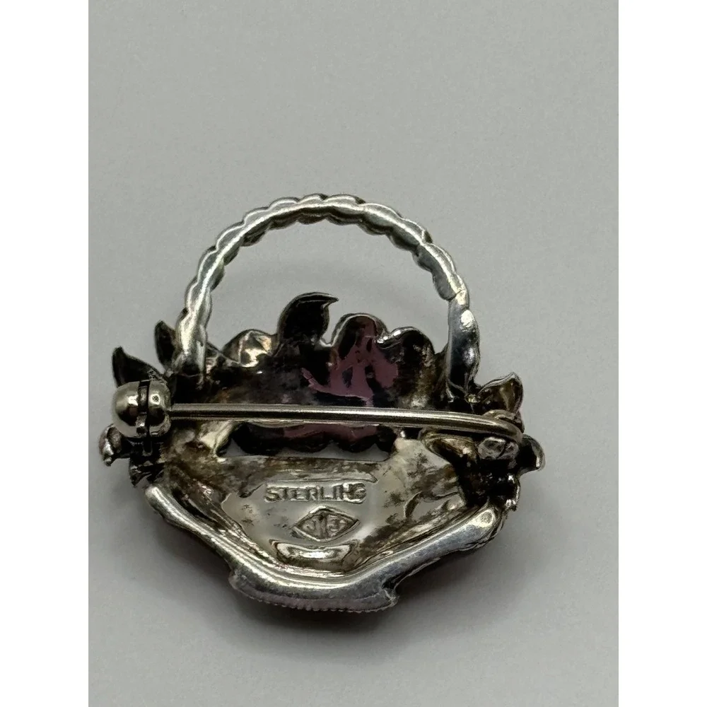 Judith Jack Sterling Silver Marcasite Enamel Flower Basket‎ Brooch Pin